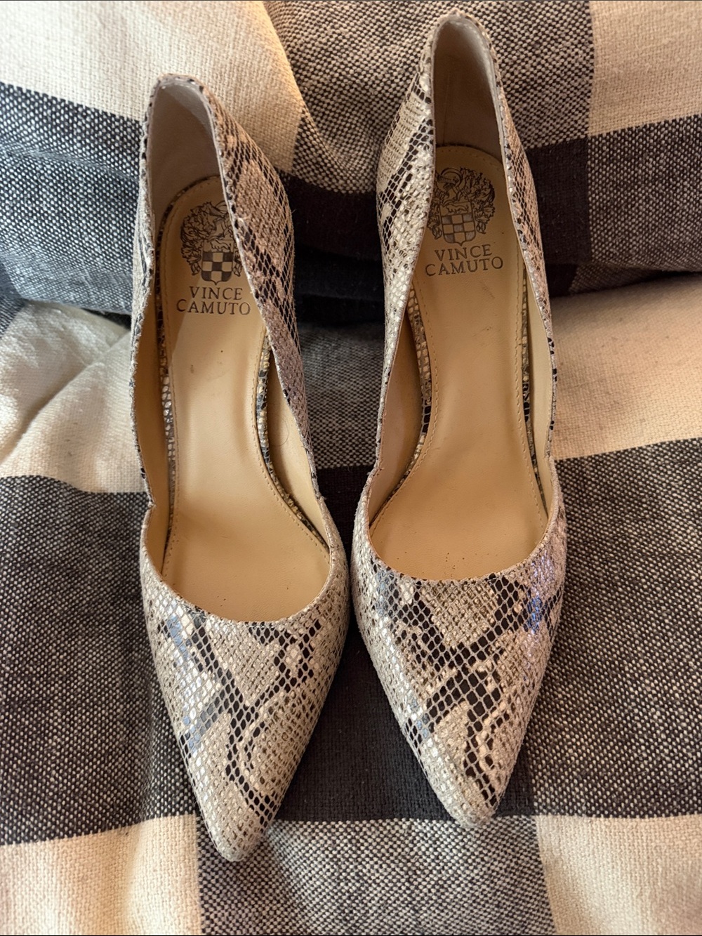 Vince Camuto Beige and Black Snake-Print Pointed Toe Pumps